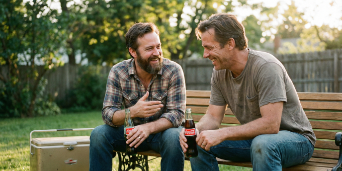 Two men sitting on a bench outside, smiling and holding drinks.