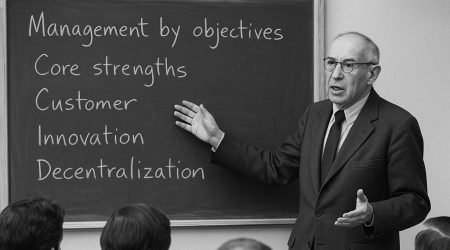 Man in suit giving a lecture to an audience in front of a chalkboard with business terms.