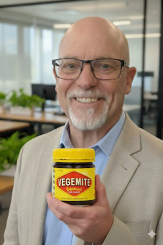 Man smiling while holding a jar of Vegemite in an office.