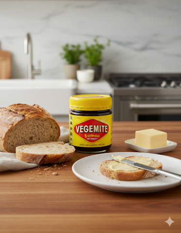 Bread, Vegemite jar, butter on table near kitchen sink.