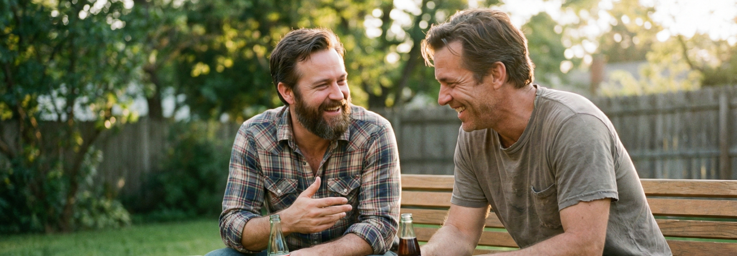 Two men sitting on a bench outside, smiling and holding drinks.